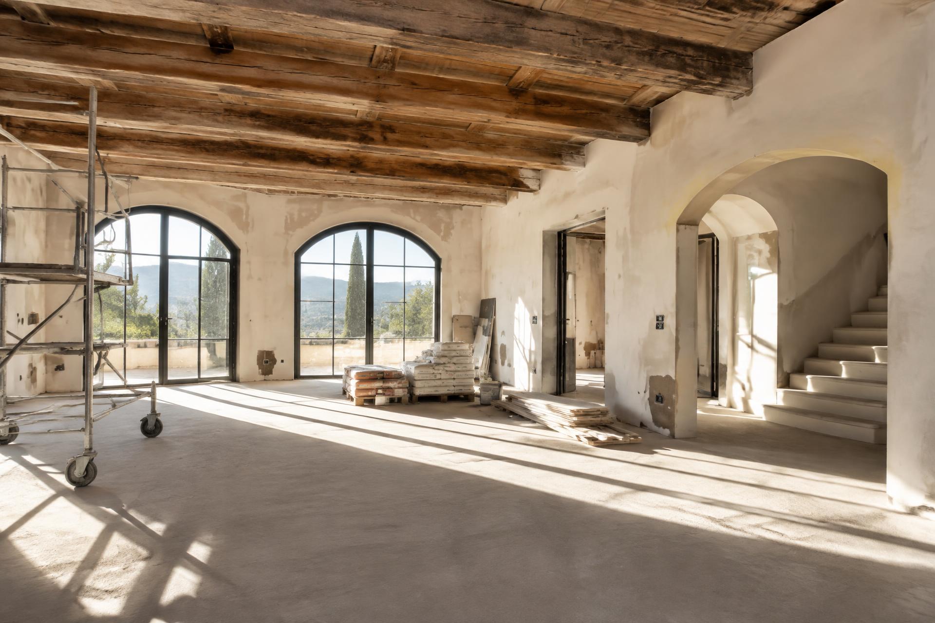 Vivienda en obra con vigas de madera y grandes ventanales